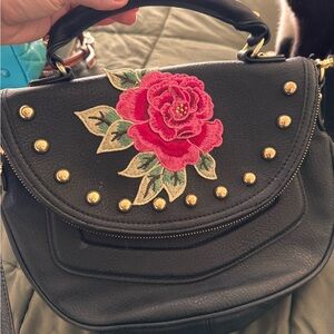 Steve Madden Black Satchel with Pink Floral Embroidery